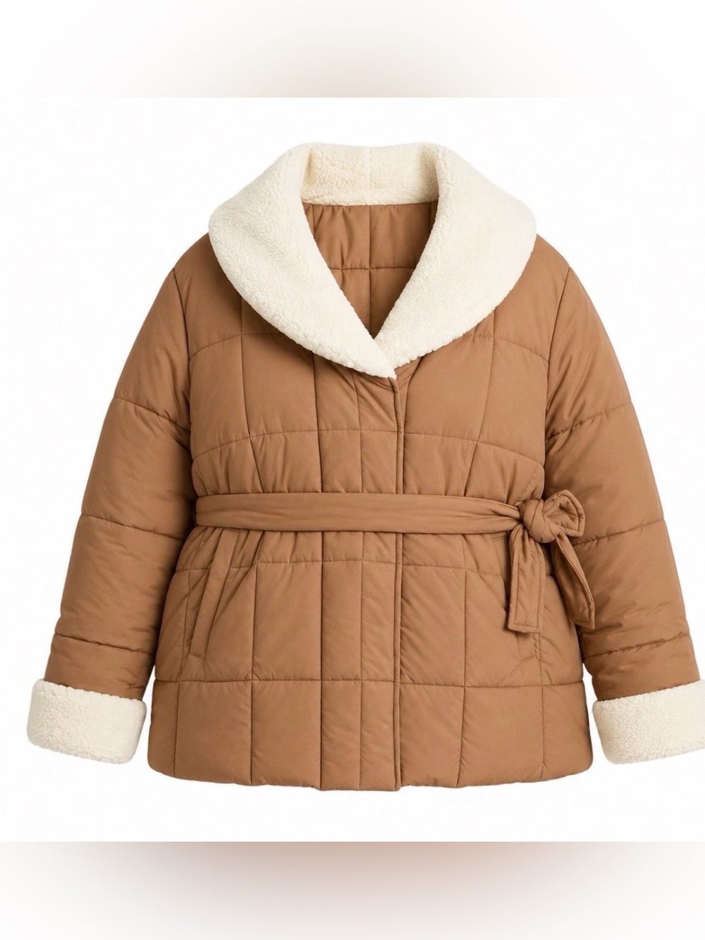 Ava & Viv Plus Size 2X Belted Faux Shearling Puffer Coat Tan Brown NWT